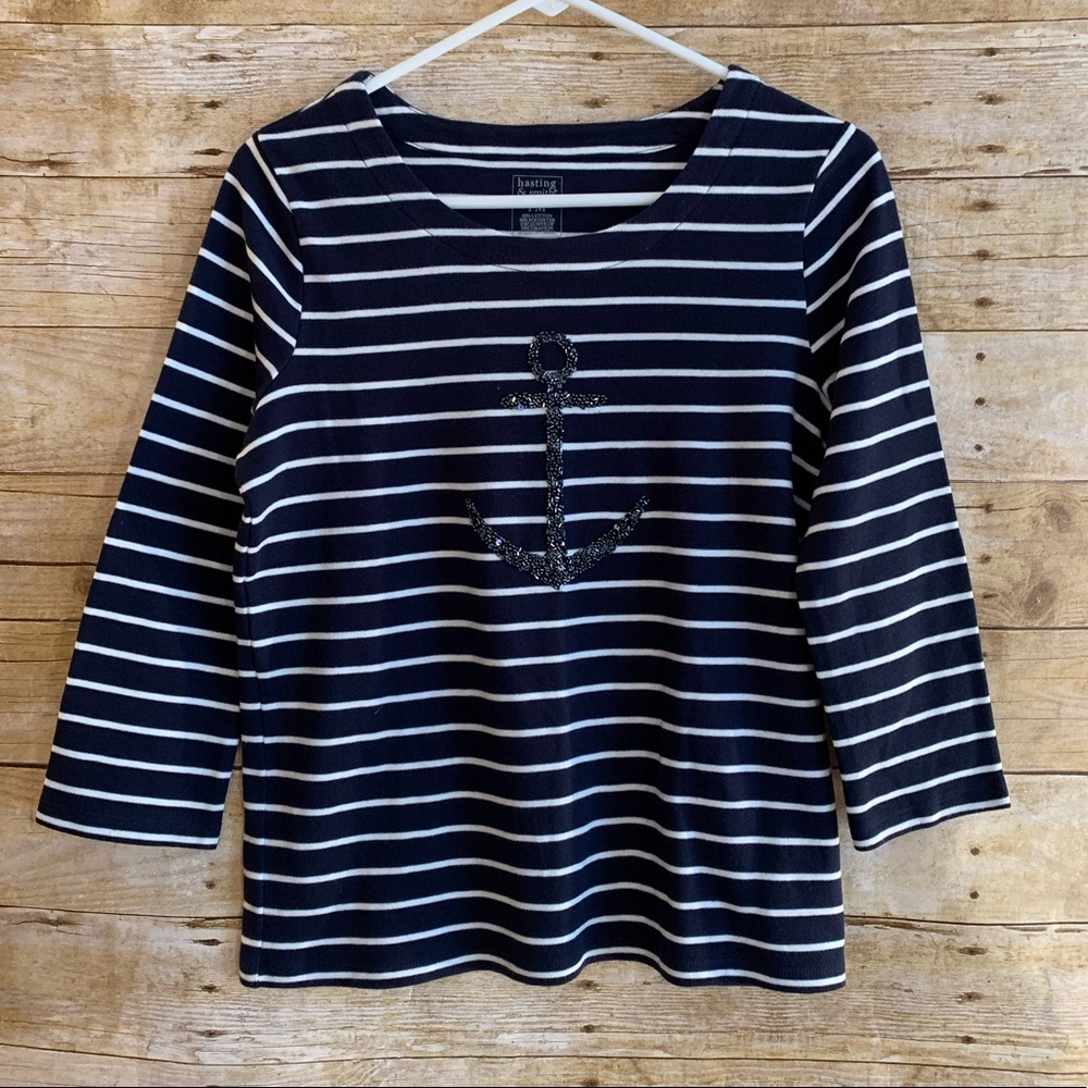 Hasting & Smith Navy & White Stripe Anchor Top